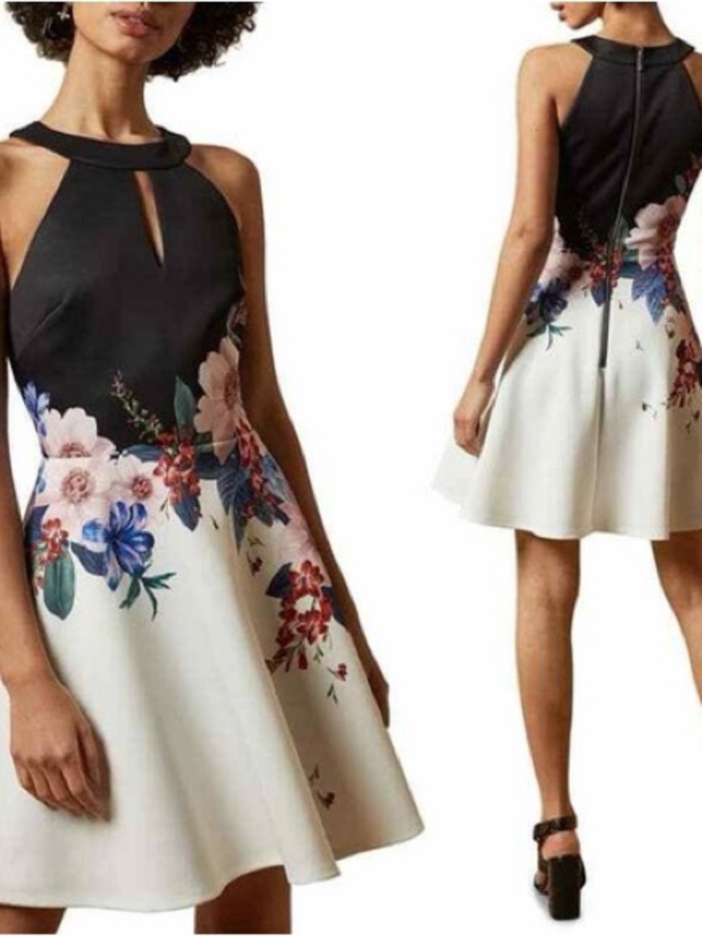Ted Baker Black and White Floral Halter Mini Dress